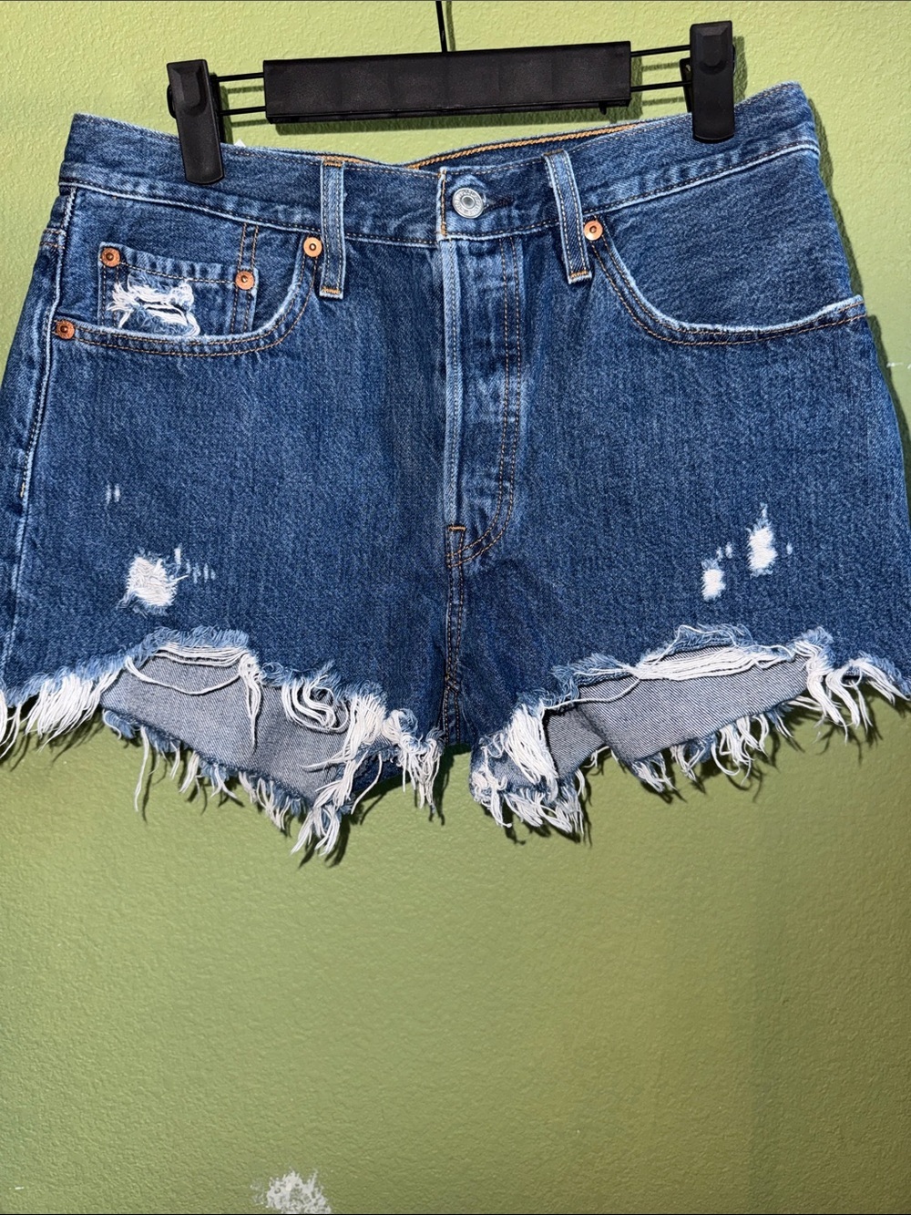 Levi's Distressed Dark Blue raw hem buttonfly Denim Shorts